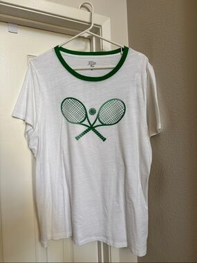 J. Crew White Tee with Green Tennis Graphic and Trim
